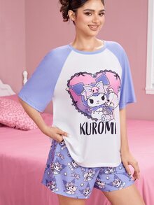 HELLO KITTY AND FRIENDS | SHEIN Set Piyama Kaos Lengan Raglan dan Celana Pendek Motif Huruf untuk Wanita - Purple - View 3