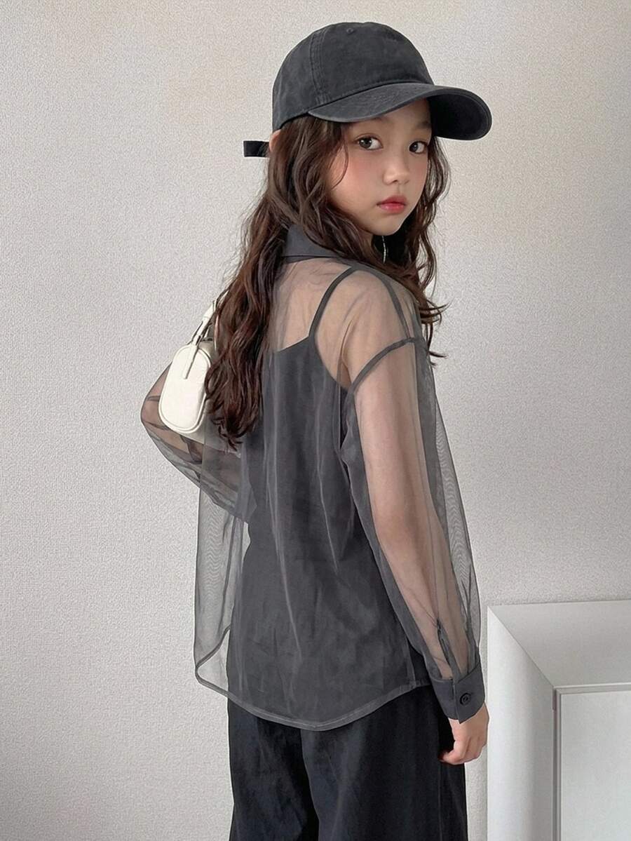 Dazy Kids 青少年女孩純色落肩長袖單排扣網紗上衣 秋季 - 灰色 - 查看 1