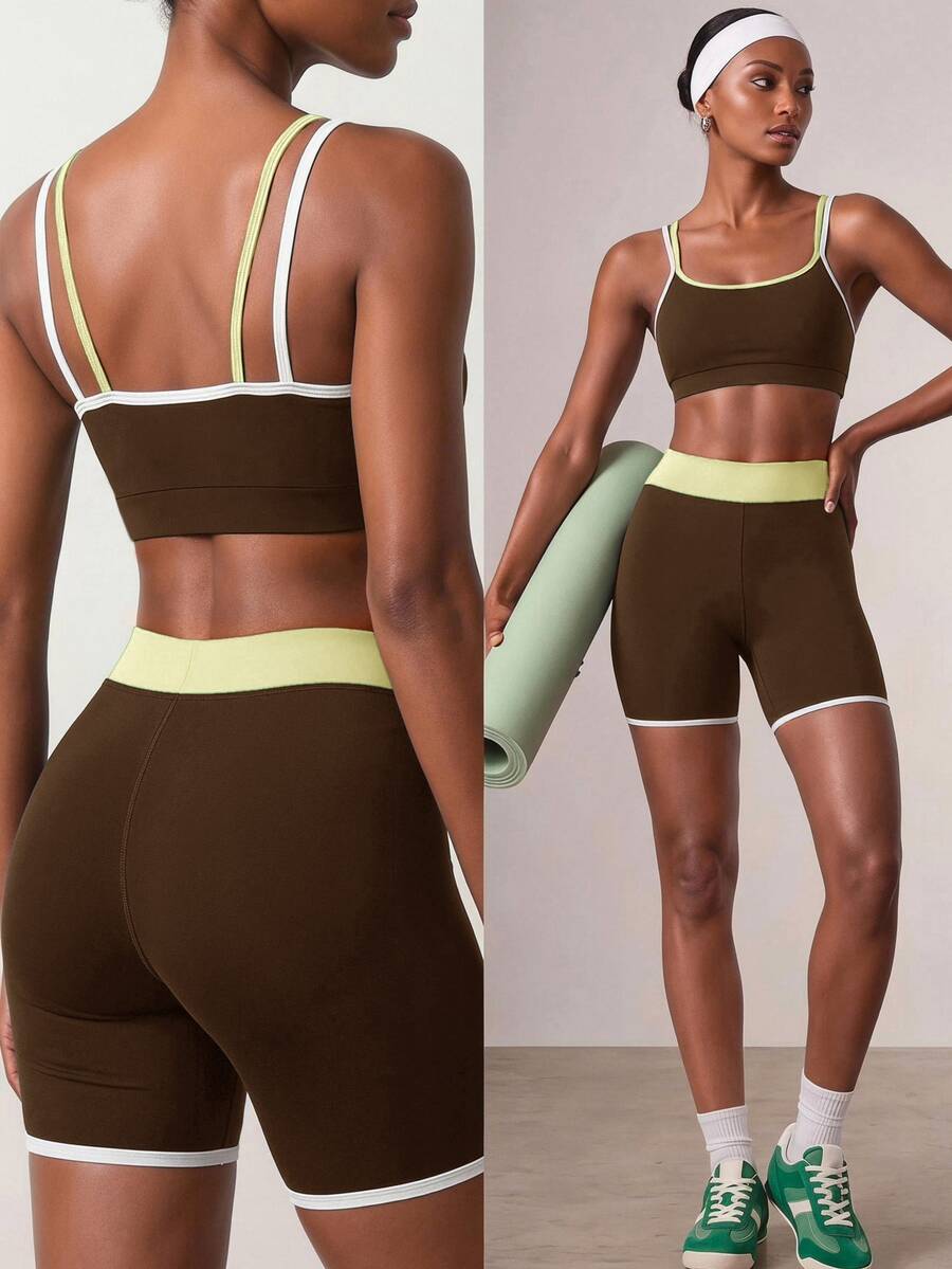 Zivah Women's Contrast Trim Cropped Camisole Tank Top & Shorts Sportswear Set Gym Workout Activewear Outfit For Autumn