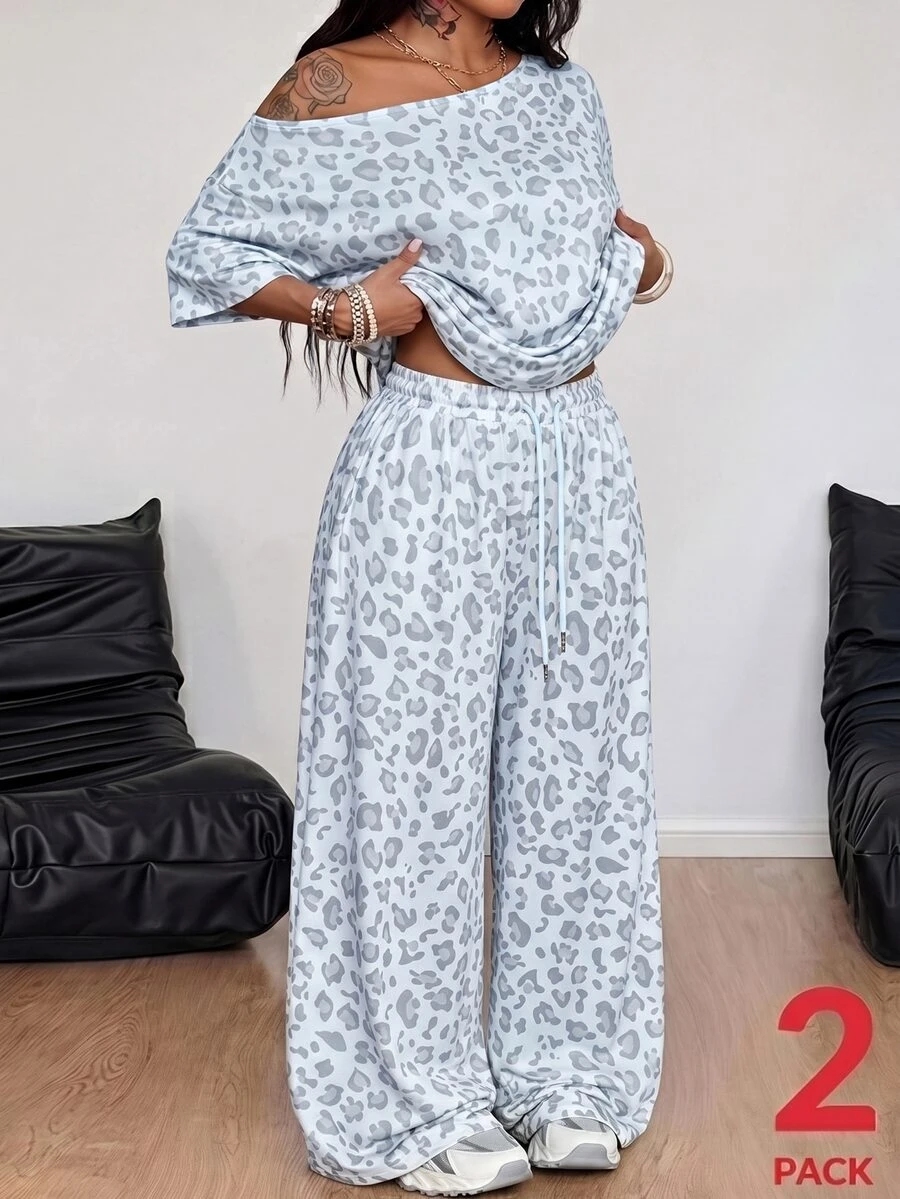 Coolane Plus Size Leopard Print One Shoulder T-Shirt And Drawstring Waist Loose Pants 2-Piece Set - Baby Blue - View 1