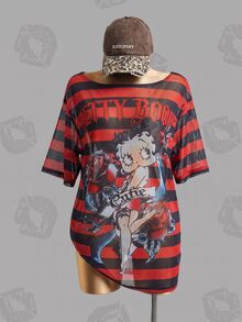 Betty Boop x SHEIN 女款字母卡通印花休閒日常穿搭上衣 - 紅色和黑色 - 查看 4