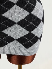Mistrie Vintage British Style Argyle Knit Set, Half-High Neck Asymmetrical Button Sleeveless Vest & Fitted Bodycon Skirt 2 Pieces Set - Grey - View 8