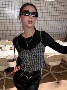 DAZY Women's Round Neck Plaid Patchwork Long Sleeve Slim Fit Base Layer Casual Elegant Top - Black - View 6