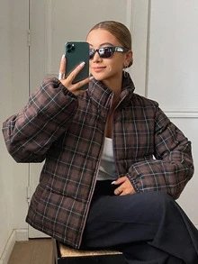 DAZY Women's Street Fashion Plaid Pocket Zipper Padded Coat - Burgundy - View 4