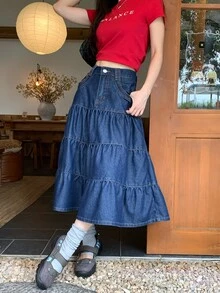 DAZY Rok Denim Multilayer Kasual Wanita untuk Musim Gugur - Biru - View 6