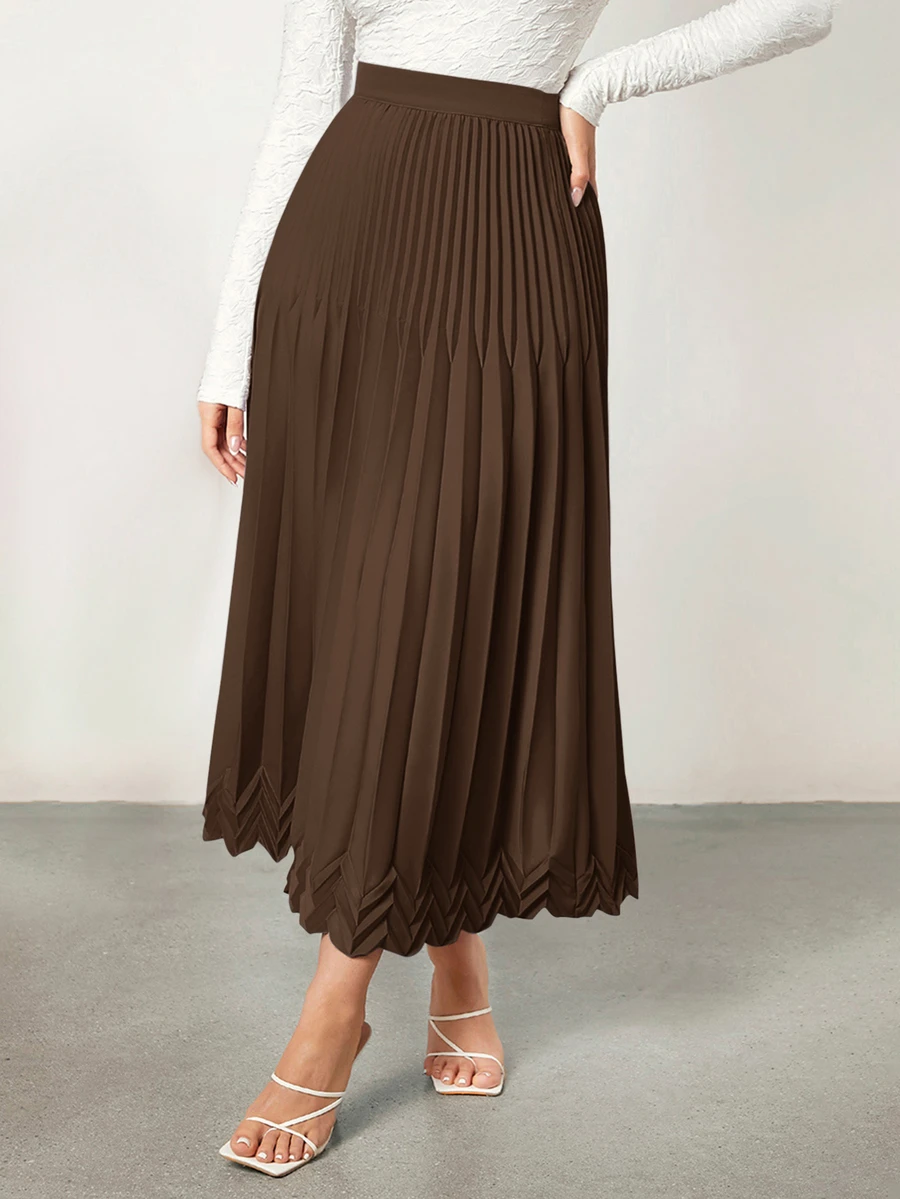 BizChic Women's Solid Color High Waist Satin Pleated Long Skirt, Workwear, Urban Commute, Minimalist Elegant Fashion Basic Style, Office Wear, Teacher Outfit, Business Casual, Old Money Style, Halloween, Back To School, Church, Special Occasion, Birthday, Wedding Guest, Party, Date, Vacation, French Vintage - Brown - View 1