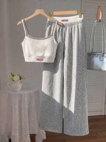 Comfortcana Plus Size Women's Letter Print Denim Camisole Top And Pants Casual 2-Piece Set - Light Grey - View 8