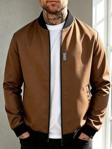 Manfinity Homme 男士字母拼接長袖拉鍊棒球夾克 - 卡其色 - 查看 1