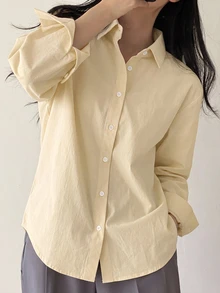 DAZY 女款極簡日常單排扣長袖襯衫 - 黃色 - 查看 4