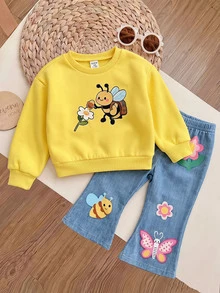 LMoss Kids 女嬰針織可愛卡通蜜蜂圖案圓領運動衫與喇叭褲 2 件套 - 彩色 - 查看 1