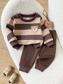 SHEIN Playful Pals 2件組嬰兒男寶寶黑白條紋長袖上衣附可愛熊圖案&純色長褲 - 棕色 - 查看 3