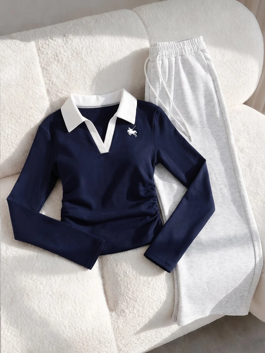 SHEIN 青少年女孩拼色領口T恤與長褲套裝 - 彩色 - 查看 1