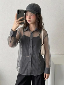 Dazy Kids 青少年女孩純色落肩長袖單排扣網紗上衣 秋季 - 灰色 - 查看 6