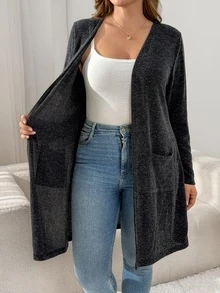 Shapeblank Plus-Size Women's Autumn/Winter Casual Western Gothic Stretch Grey Long Cardigan Office Formal Teacher Club - Black - View 3