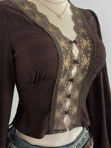 Elamini Dark Brown Textured Bubble Long Sleeve Lace V-Neck Cinched Waist Cropped Blouse - Coffee Brown - View 4