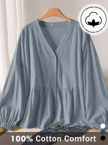 CosyJoli Plus Size Versatile Single-Breasted Pleated Long Sleeve Shirt - Dusty Blue - View 6