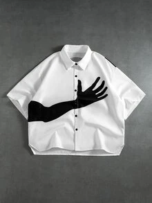 ROMWE MEN Goth Men's Summer Casual Arm Print Shirt - White - View 1