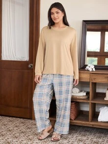 Doze Lane Plus Size Solid Color Long Sleeve Top And Puff Wrinkled Fabric Plaid Print Pants Pajama Set - Multicolor - View 4