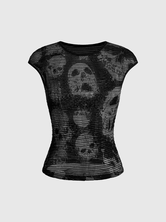 Grunge Punk Top de punto para mujer con estampado de calaveras en toda la prenda, malla punk, personalizado y atrevido