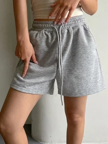 DAZY 女款純色抽繩腰口袋休閒短褲 - 灰色 - 查看 5