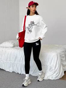 TOM & JERRY X SHEIN SHEIN EZwear 女款卡通印花長袖上衣與內搭褲休閒日常套裝 - 彩色 - 查看 4