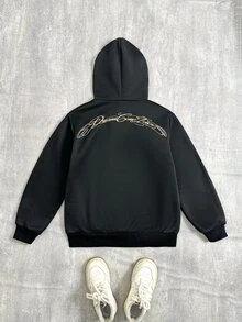SHEIN 大童男孩袋鼠口袋落肩豹紋連帽衛衣，背面字母印花，休閒秋冬日常穿著 - 黑色 - 查看 2