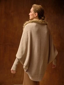 MOTF PREMIUM WOMEN'S ELEGANT KHAKI PATCHWORK FAUX FUR SHAWL CARDIGAN - Khaki - View 3