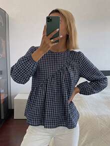 DAZY 女款純色寬鬆短袖圓領百褶休閒度假夏季襯衫上衣 - 藍色 - 查看 8