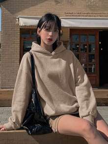 DAZY 連帽休閒保暖內裡純色中性寬鬆女款衛衣 秋季 - 橘色 - 查看 5