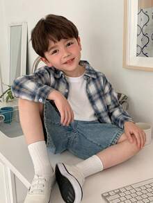 DAZY Young Boys Plaid New Loose Fit Long Sleeve Shirt Top, Autumn Basic Casual Style - Blue - View 10