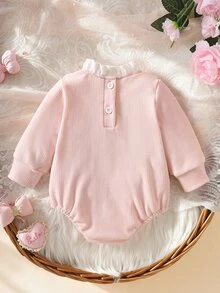 SHEIN Newborn Baby Girls Romper Bodysuit Cute Sweet Elegant Pink Bow Ruffle Eyelet Lace Long Sleeve Birthday Party Winter Autumn Fall Style Solid - Baby Pink - View 4