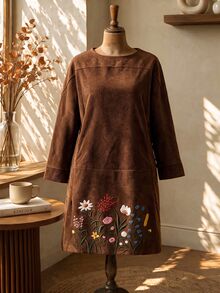 Rusticease Gaun Lengan Panjang Motif Bunga Sederhana Ukuran Plus - Coklat - View 4