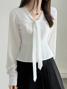 Dazy Tall Blus Wanita Elegan dengan Pinggang Ramping dan Kerah Mengembang untuk Musim Gugur - Putih - View 5