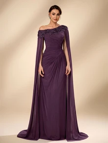 Serin Elegant Luxurious Beaded Sequin Lace Patchwork Elastic Knit Mesh Patchwork Chiffon Sleeve Ruched Mermaid Skirt Suitable For Wedding Events, Bachelorette Party, Vacation, Ball, Evening Dress (Heavy Workmanship Style) - Purple - View 1