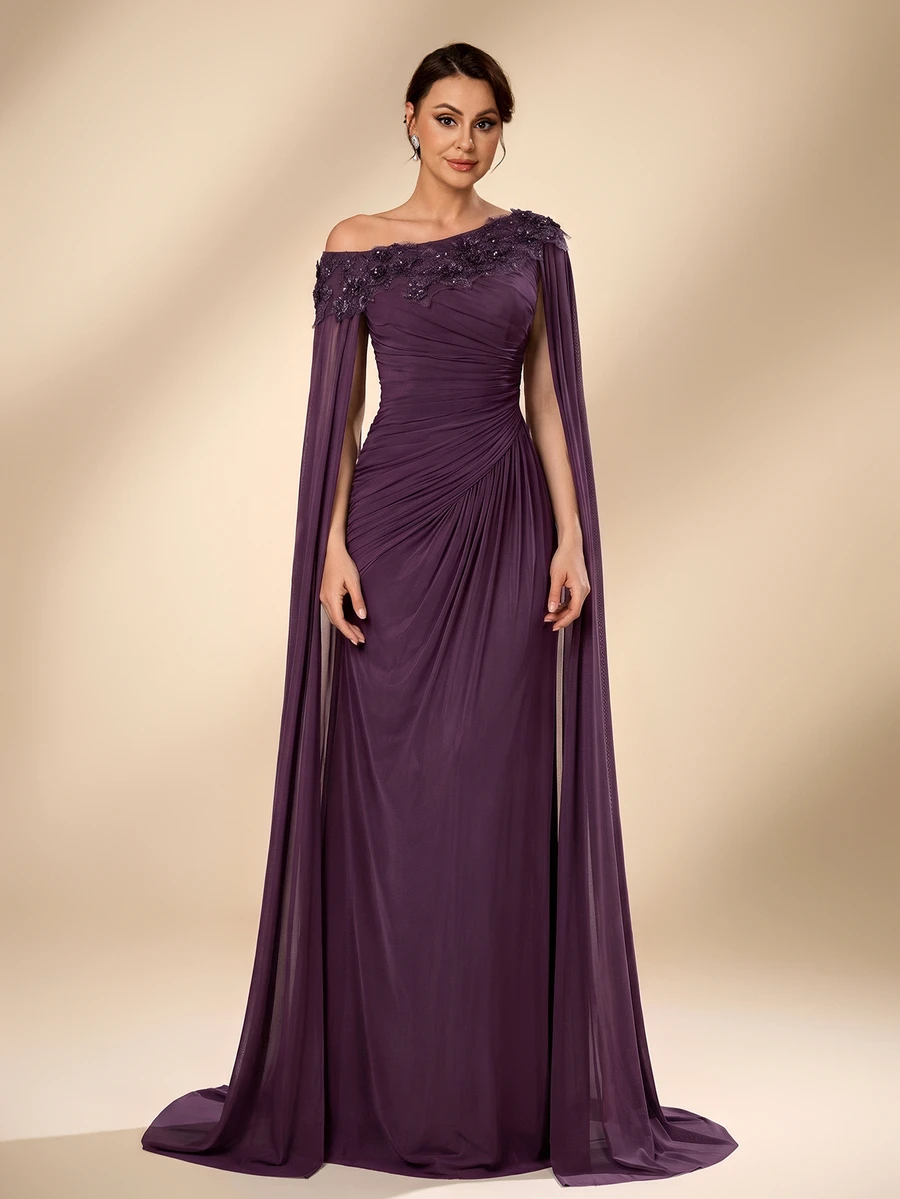 Serin Elegant Luxurious Beaded Sequin Lace Patchwork Elastic Knit Mesh Patchwork Chiffon Sleeve Ruched Mermaid Skirt Suitable For Wedding Events, Bachelorette Party, Vacation, Ball, Evening Dress (Heavy Workmanship Style) - Purple - View 1