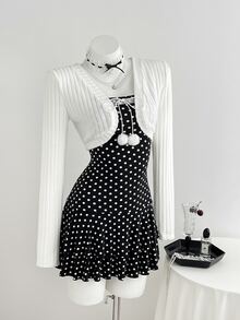 Elamini Women's Sweet Polka Dot Pattern Lace Trim Bandeau Short Dress With Fur Ball Decor And Cardigan Set - Black and White - View 1