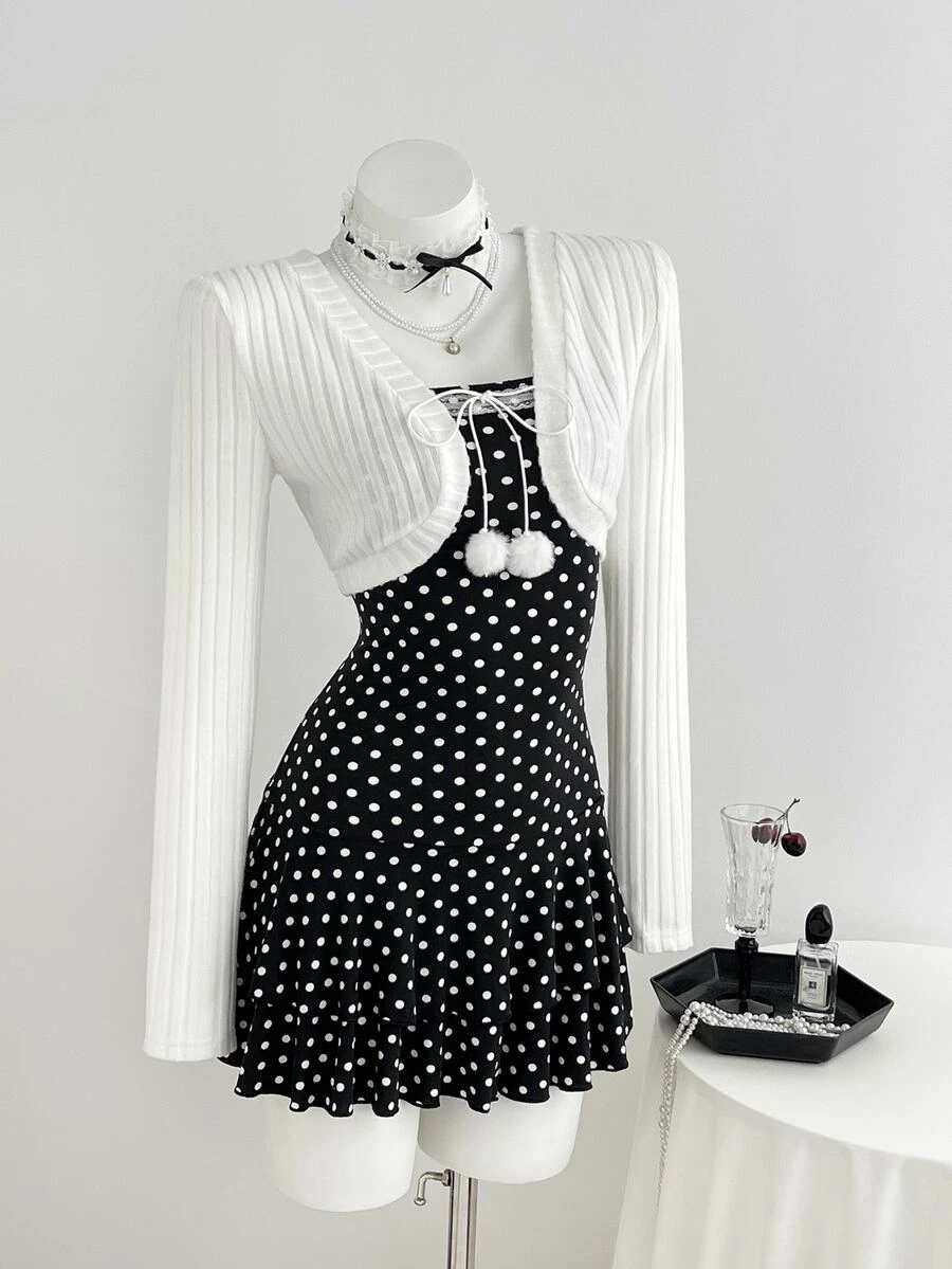 Elamini Women's Sweet Polka Dot Pattern Lace Trim Bandeau Short Dress With Fur Ball Decor And Cardigan Set - Black and White - View 1