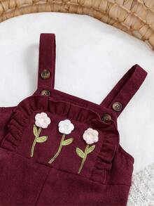 SHEIN 新生女嬰可愛百搭休閒粉色彩虹刺繡連身褲，適合兒童春、夏、秋、冬穿著 - 酒紅色 - 查看 3