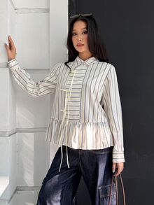 K-Vae Kemeja Wanita Model Baru Gaya Cina dengan Kancing Katak, Garis-garis, Hem Bergelombang Asimetris, Kerah Lipat, Atasan Longgar - MultiWarna - View 4