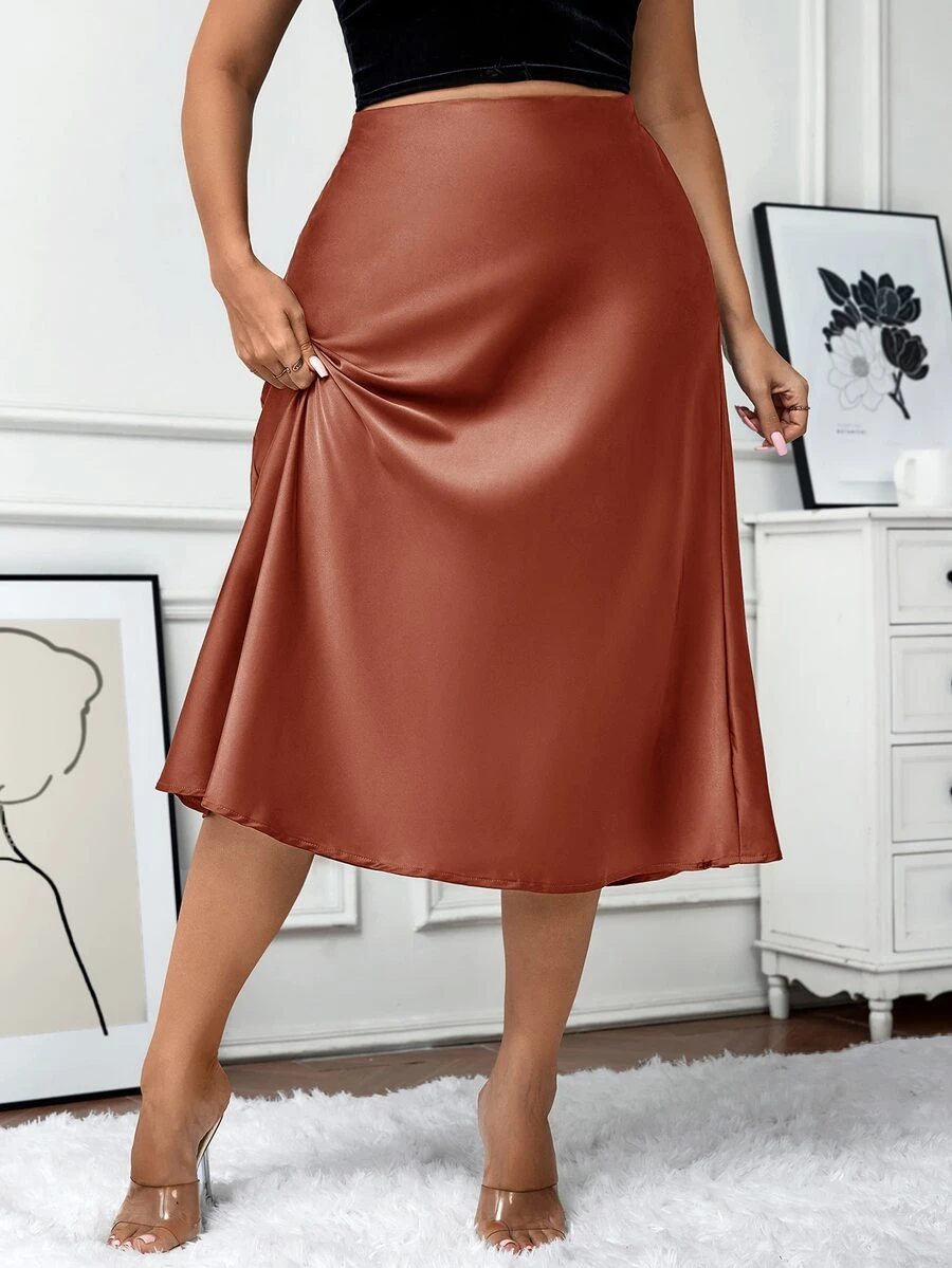 Easowa Curve Plus Size Women Solid Color Casual Versatile Daily Wear Skirt - Redwood - View 1