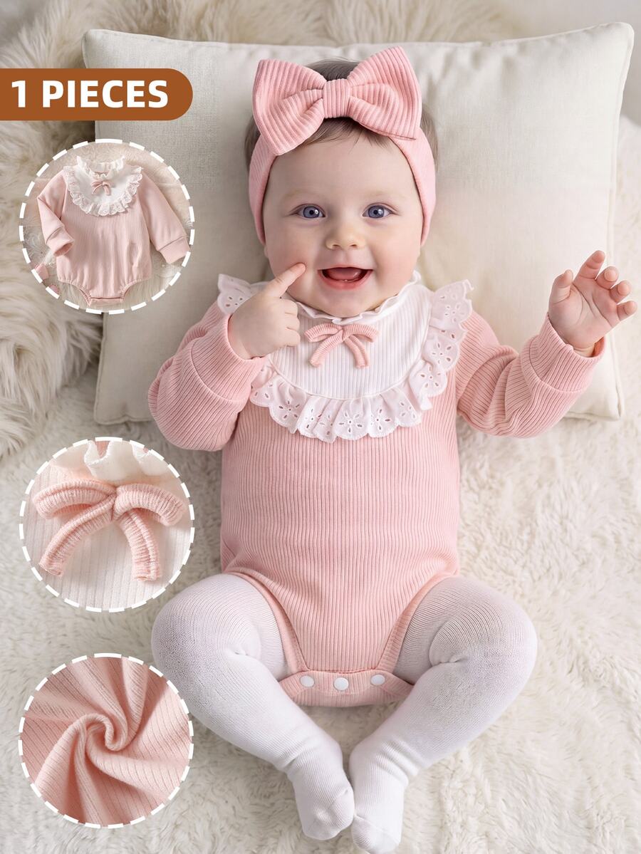 SHEIN Newborn Baby Girls Romper Bodysuit Cute Sweet Elegant Pink Bow Ruffle Eyelet Lace Long Sleeve Birthday Party Winter Autumn Fall Style Solid
