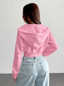 SHEIN PETITE 女款甜美短版拉鍊連帽衛衣，附口袋與長袖 - 淺粉色 - 查看 2