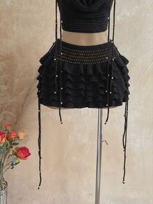 Soleia 女款春夏浪漫熱帶度假兩件套：垂領鉤編背心上衣、鋼珠流蘇多層荷葉邊裙，黑色 - 黑色 - 查看 7