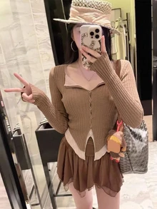 DAZY Maillard Style Contrast Color Patchwork 2 In 1 Slim Fit V-Neck Long Sleeve Knit Base Layer Top For Women, Autumn - Khaki - View 2