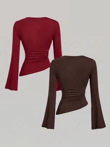 SHEIN MOD 女款 2 件組 酒紅與杏色圓領抓皺喇叭袖收腰不對稱下擺百搭長袖 T-shirt 打底衫 - 棕色 - 查看 2