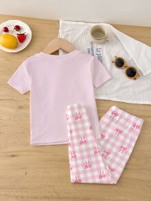 青少年女孩休閒簡約短袖長褲家居服，適合春夏，貼身剪裁 - 彩色 - 查看 4