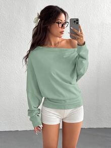 SHEIN EZwear 女款純色百褶不對稱領長袖連帽衛衣，畢業季/返校穿搭，畢業禮服，女教師專業服裝，秋冬返校 - 薄荷綠 - 查看 6