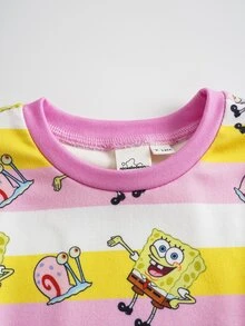 SpongeBob SquarePants | SHEIN Baby Girl Striped Short Sleeve Top And Long Pants Loungewear Set - Pink - View 3