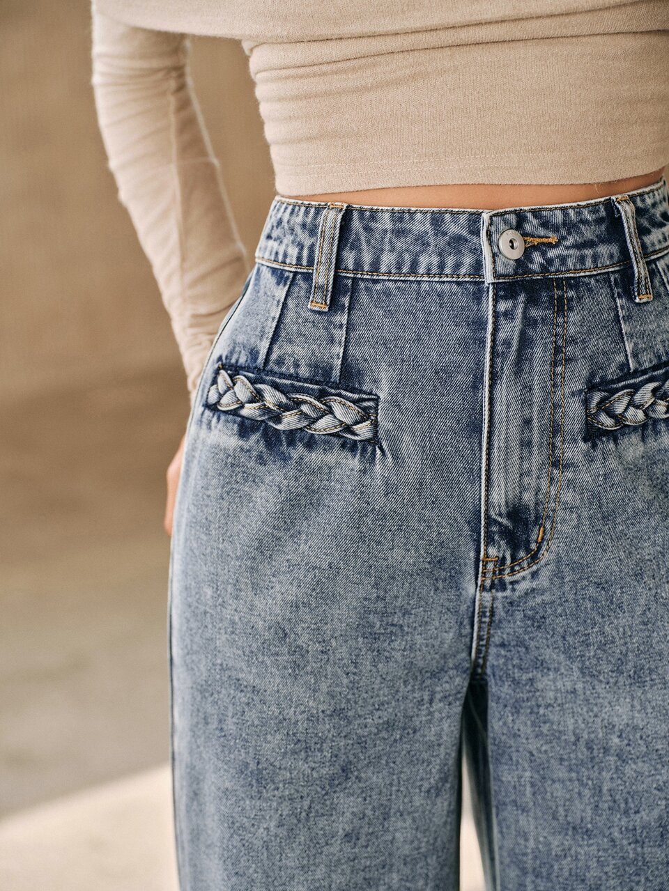 Spring/Summer Niche Korean Style Washed Twisted Pocket High Waist Wide Leg Light Blue Women's Jeans