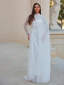 Aureia Elegant Luxurious White Sequin Embroidered Patchwork Chiffon Stand Collar Trumpet Sleeve 2 In 1 Mermaid Dress With Train Wedding Dress - White - View 6